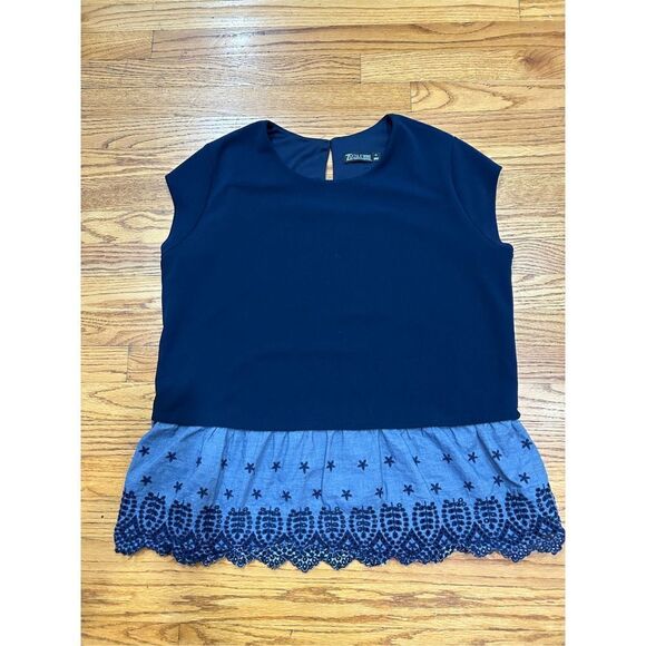 7th Avenue Design Studio Women’s Sleeveless Navy and Lace Denim Top - Picture 1 of 6